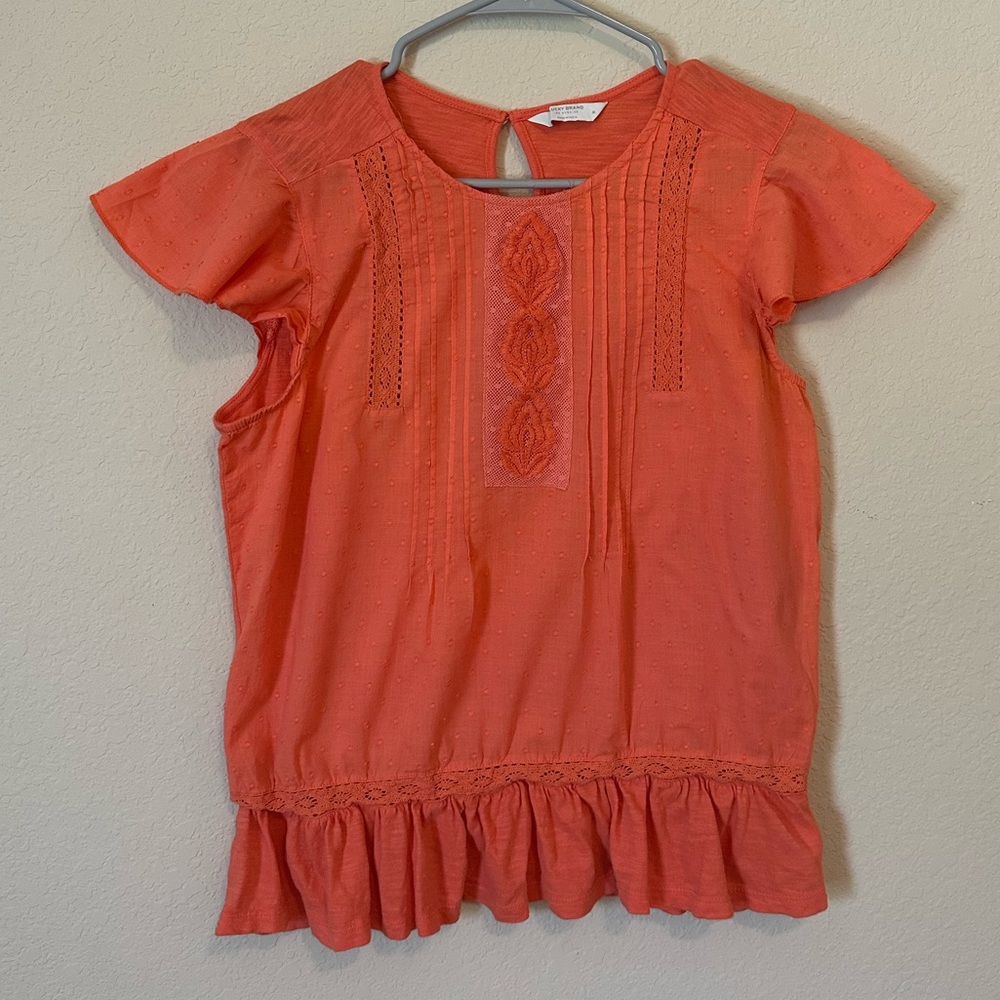 LUCKY BRAND Coral Orange Short Sleeve Blouse Top 100% Cotton | Medium